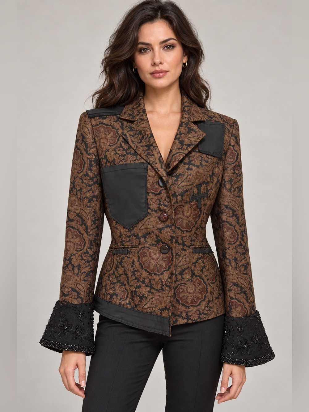 Upcycled Brown Paisley Blazer with Embellished Cuffs and denim accents size 8